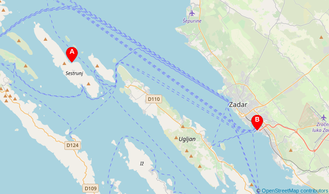Map of ferry route between Sestrunj and Zadar